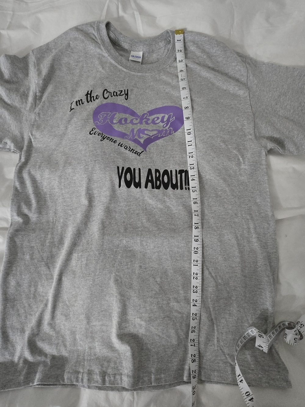 Gildan Gray Short Sleeve Tee with Purple Heart 'Hockey Mom' Graphic - Picture 6 of 7